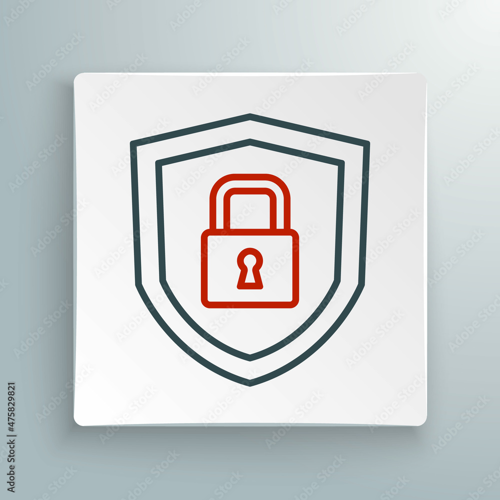 Line Shield security with lock icon isolated on white background. Protection, safety, password security. Firewall access privacy sign. Colorful outline concept. Vector Line Shield security with lock icon isolated on white background. Protection, safety, password security. Firewall access privacy sign. Colorful outline concept. Vector
