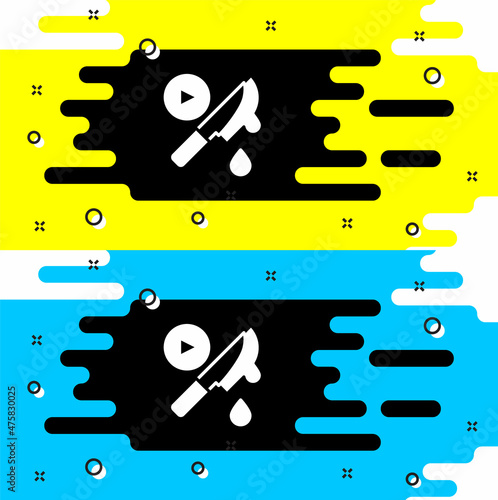 White Thriller movie icon isolated on black background. Bloody knife. Suspenseful cinema genre, survival horror. Shocking films with gore and violence. Vector