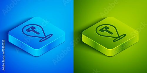Isometric line Auction hammer icon isolated on blue and green background. Gavel - hammer of judge or auctioneer. Bidding process, deal done. Auction bidding. Square button. Vector