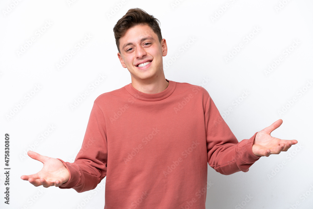 Young handsome Brazilian man isolated on white background happy and smiling Young handsome Brazilian man isolated on white background happy and smiling