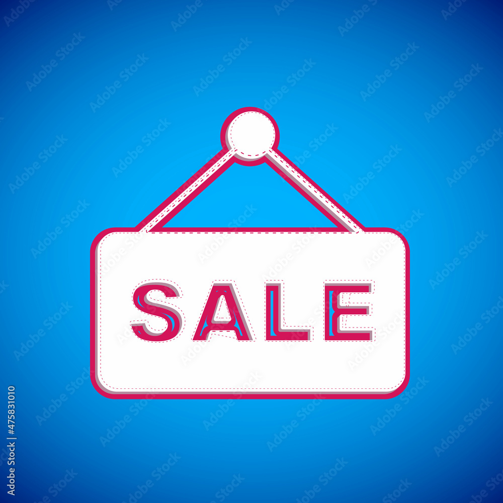 White Hanging sign with text Sale icon isolated on blue background. Signboard with text Sale. Vector White Hanging sign with text Sale icon isolated on blue background. Signboard with text Sale. Vector