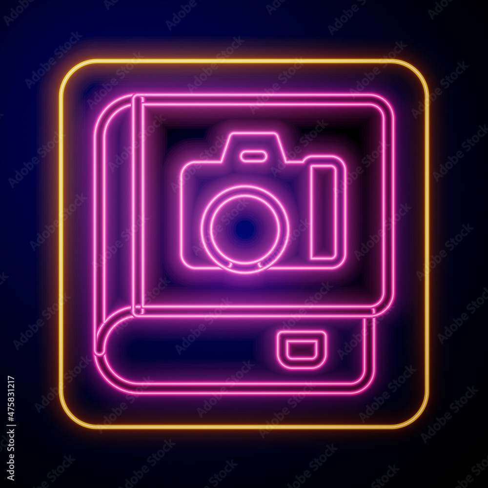 Glowing neon Photo album gallery icon isolated on black background. Vector Glowing neon Photo album gallery icon isolated on black background. Vector