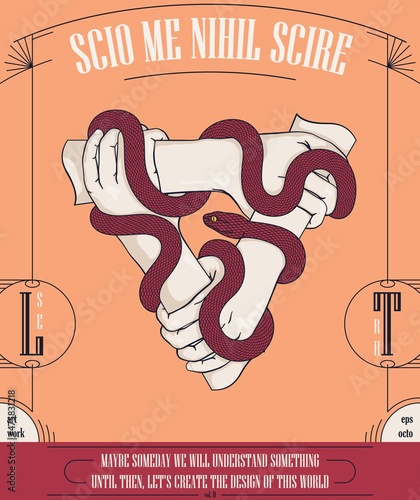 Three hands holding each other with a snake wrapping around them. Mystical retro card. Symbol of deception and danger.