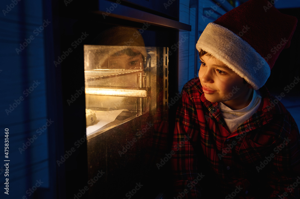 Adorable curious European boy in Santa hat in a red and green plaid shirt sits on the floor and looks through the oven at the traditional German Stollen bread baked on a baking tray Adorable curious European boy in Santa hat in a red and green plaid shirt sits on the floor and looks through the oven at the traditional German Stollen bread baked on a baking tray