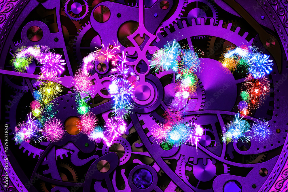 Fototapeta premium 2022 Happy New Year holiday. Two thousand twenty two. Numbers are made of fireworks, fairy stars and sparkles with Mechanical clock abstract in the background. Celebration time abstract background