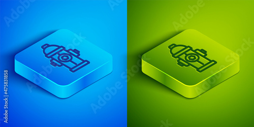 Isometric line Fire hydrant icon isolated on blue and green background. Square button. Vector