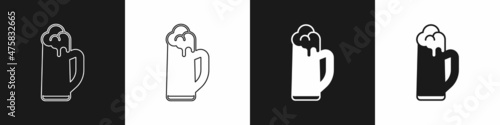 Set Glass of beer icon isolated on black and white background. Happy Saint Patricks day. National Irish holiday. Vector