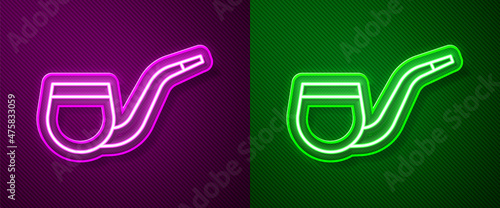 Glowing neon line No pipe smoking icon isolated on purple and green background. Dont smoke. Tobacco pipe. Vector