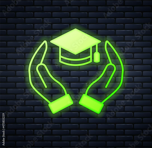 Glowing neon Education grant icon isolated on brick wall background. Tuition fee, financial education, budget fund, scholarship program, graduation hat. Vector