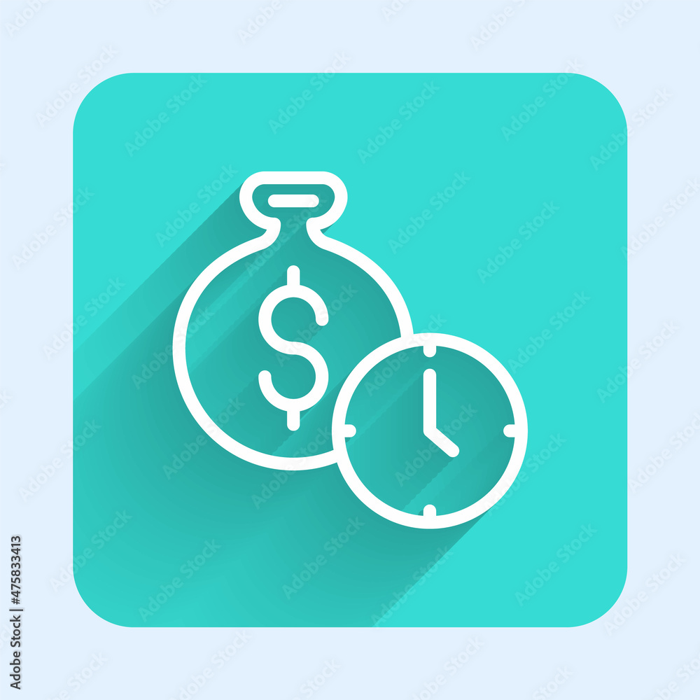 White line Time is money icon isolated with long shadow background. Money is time. Effective time management. Convert time to money. Green square button. Vector White line Time is money icon isolated with long shadow background. Money is time. Effective time management. Convert time to money. Green square button. Vector