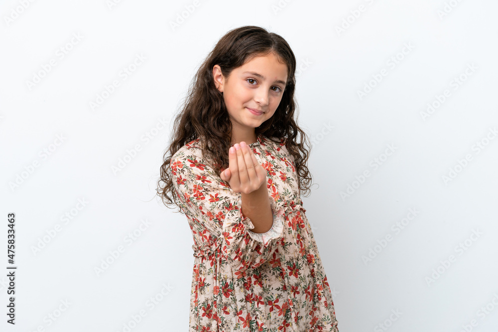 Little caucasian girl isolated on white background inviting to come with hand. Happy that you came Little caucasian girl isolated on white background inviting to come with hand. Happy that you came