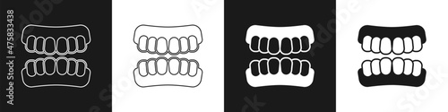 Set Dentures model icon isolated on black and white background. Teeth of the upper jaw. Dental concept. Vector