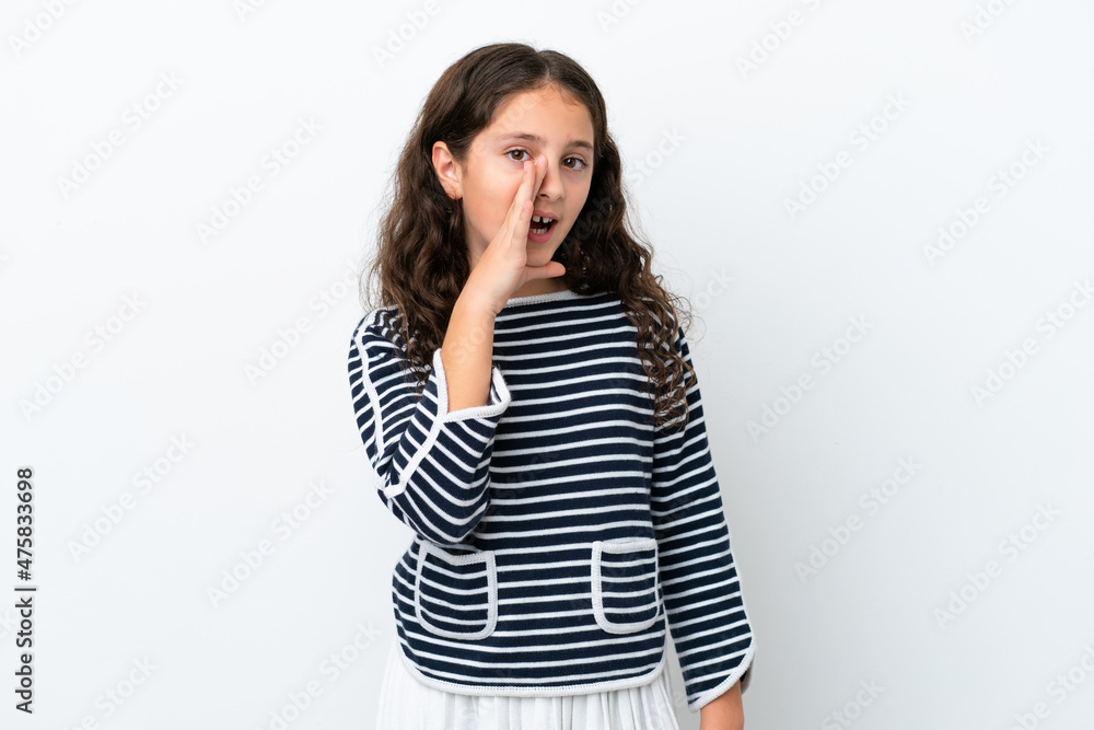 Little caucasian girl isolated on white background shouting with mouth wide open Little caucasian girl isolated on white background shouting with mouth wide open