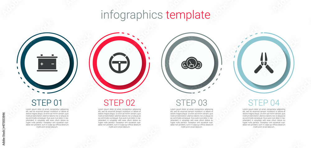 Set Car battery, Steering wheel, Speedometer and jumper power cable. Business infographic template. Vector Set Car battery, Steering wheel, Speedometer and jumper power cable. Business infographic template. Vector