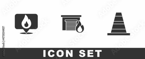 Set Location with fire flame, Fire in burning garage and Traffic cone icon. Vector