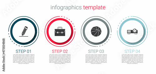 Set Pencil with eraser, Briefcase, Basketball ball and Movie, film, media projector. Business infographic template. Vector