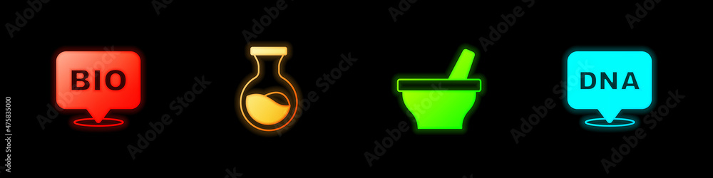 Set Bio healthy food, Test tube and flask, Mortar pestle and DNA symbol icon. Vector Set Bio healthy food, Test tube and flask, Mortar pestle and DNA symbol icon. Vector