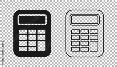Black Calculator icon isolated on transparent background. Accounting symbol. Business calculations mathematics education and finance. Vector