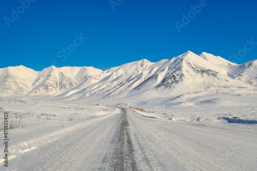 Dalton Highway is a 414-mile road in Alaska beginning north of Fairbanks and ends at Deadhorse near Arctic Ocean. Subject of the first episode of the BBC's World's Most Dangerous roads.  © Sriman