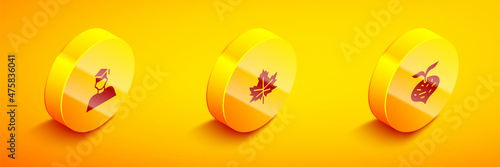 Set Isometric Graduate and graduation cap, Leaf or leaves and Beet icon. Vector