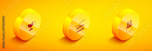 Set Isometric Swing plane, Drum with drum sticks and Magician hat and rabbit ears icon. Vector