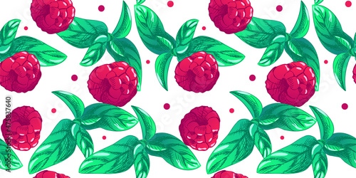 Seamless pattern of raspberries and mint leaves in bright colors. Illustration for advertising, packaging or publishing recipes. Culinary illustration of fruits