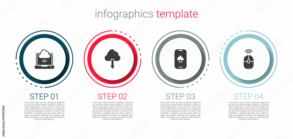 Set Network cloud connection, Cloud download, technology data and Wireless computer mouse. Business infographic template. Vector Set Network cloud connection, Cloud download, technology data and Wireless computer mouse. Business infographic template. Vector