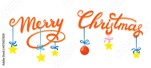 Merry Christmas. Bright lettering with gold stars and a glass ball. In cartoon style. Isolated on white background. Vector flat illustration.
