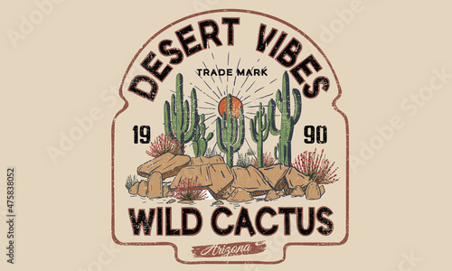 Desert vibes vector graphic print for fashion. Cactus artwork for apparel, t shirt, sticker, poster, wallpaper and others. 
