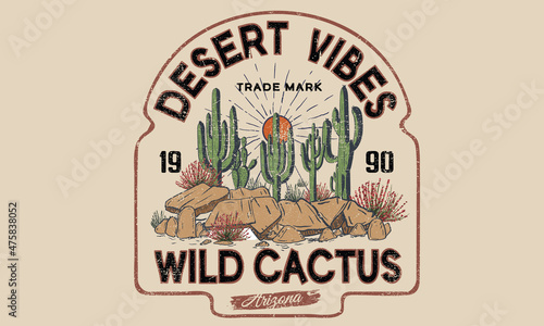 Desert vibes vector graphic print for fashion. Cactus artwork for apparel, t shirt, sticker, poster, wallpaper and others.	