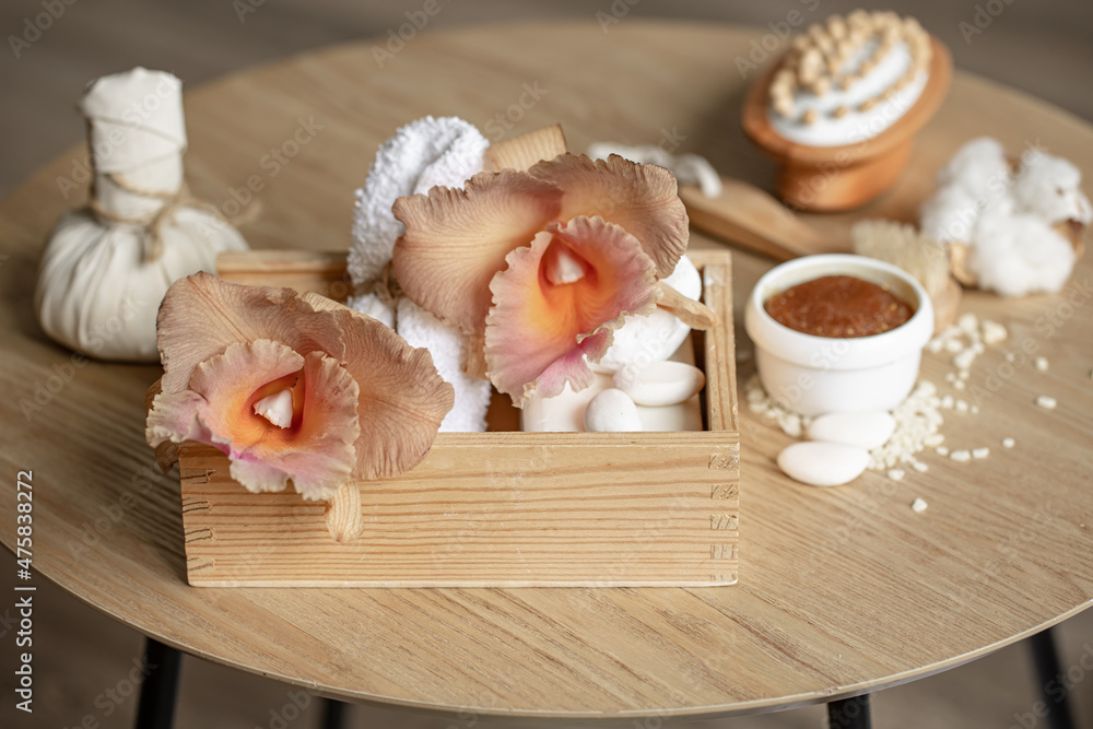 Spa composition with Thai orchid flowers and bath accessories. Spa composition with Thai orchid flowers and bath accessories.