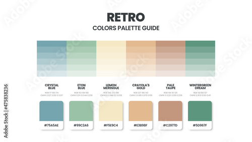 Retro color schemes. Color Trends combinations and palette guide. Example of table color shades in RGB and HEX. Color swatch for fashion, home, interiors design 2022. Colour chart idea vector.