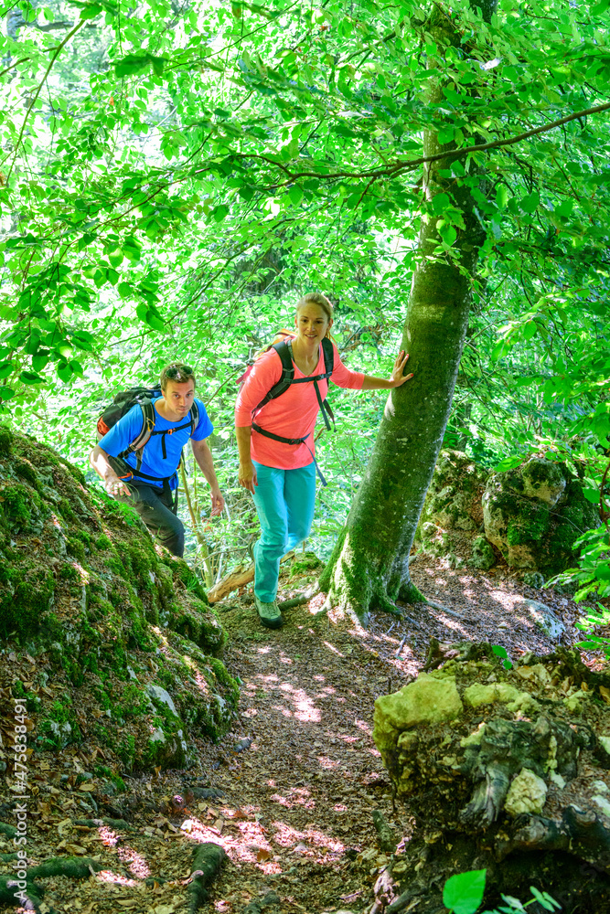 Junge Leute wandern gutgelaunt im schattigen Wald Junge Leute wandern gutgelaunt im schattigen Wald