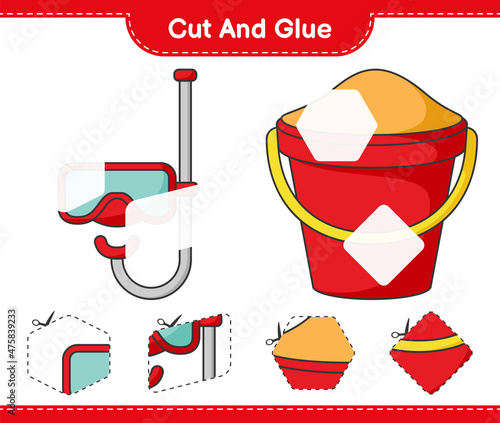 Cut and glue, cut parts of Sand Bucket, Scuba Diving Mask and glue them. Educational children game, printable worksheet, vector illustration