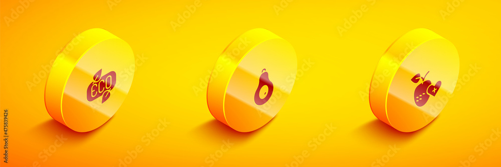 Set Isometric Leaf Eco symbol, Avocado and Healthy fruit icon. Vector Set Isometric Leaf Eco symbol, Avocado and Healthy fruit icon. Vector