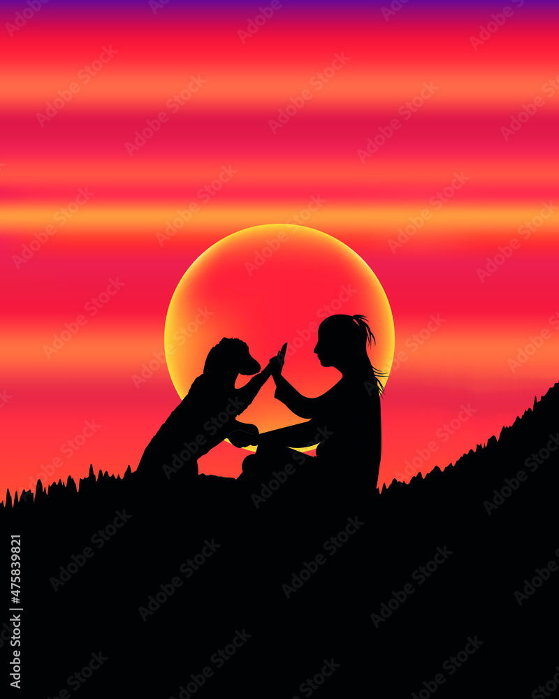 Girl and dog on the background of a colorful sunset. Inseparable friends. Dog is man's friend