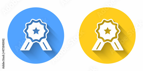 White Five stars customer product rating review icon isolated with long shadow background. Favorite, best rating, award symbol. Circle button. Vector