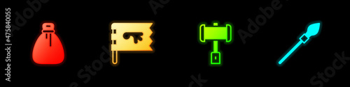 Set Old money bag, Viking flag, Battle hammer and Medieval spear icon. Vector