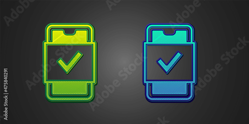 Green and blue Mobile phone shopping icon isolated on black background. Online buying symbol. Supermarket basket symbol. Vector