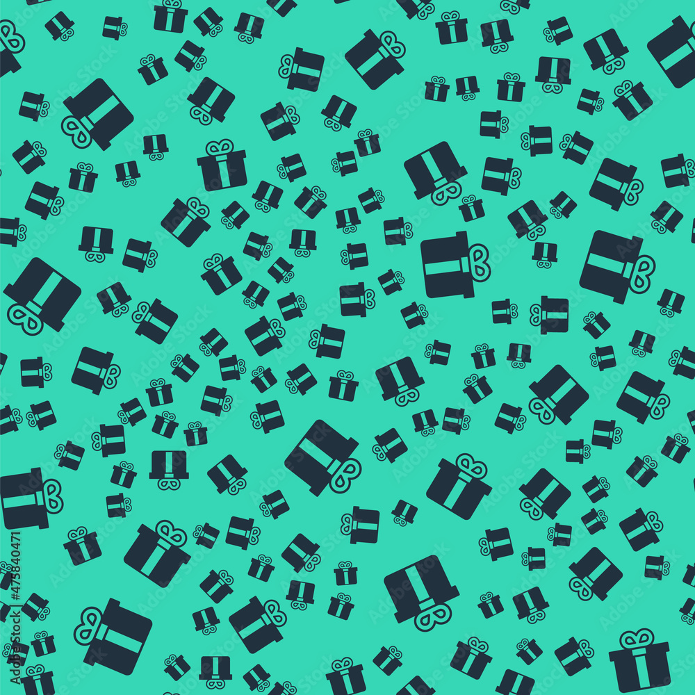 Black Gift box icon isolated seamless pattern on green background. Vector