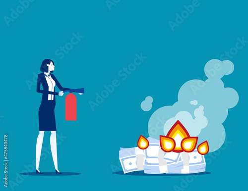 Economy bankruptcy risk and rapid money value. Burning money vector illustration