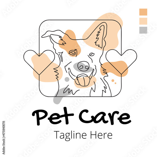 Pet care or shop abstract logo of cute dog line art vector illustration with dummy text on white background.