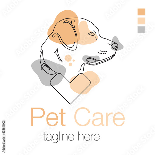 Pet care or shop abstract logo of cute dog line art vector illustration with dummy text on white background.