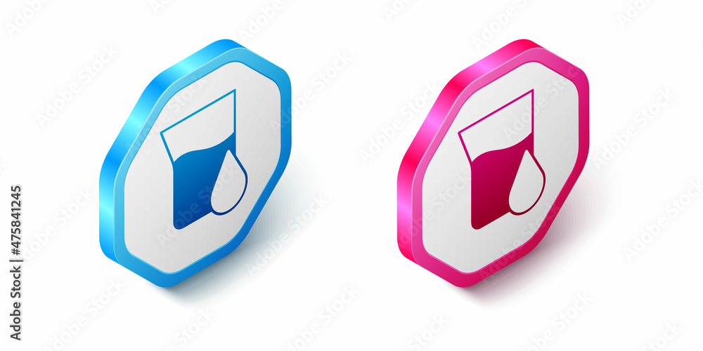 Isometric Oil petrol test tube icon isolated on white background. Cmemistry flask and falling drop. Hexagon button. Vector Isometric Oil petrol test tube icon isolated on white background. Cmemistry flask and falling drop. Hexagon button. Vector