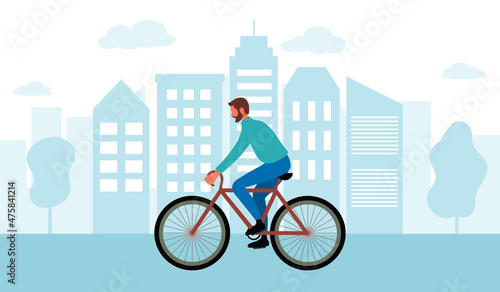 Young man riding bicycle in the city in flat design.