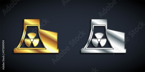 Gold and silver Nuclear power plant icon isolated on black background. Energy industrial concept. Long shadow style. Vector
