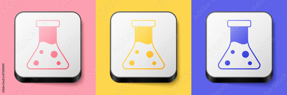 Isometric Oil petrol test tube icon isolated on pink, yellow and blue background. Cmemistry flask and falling drop. Square button. Vector Isometric Oil petrol test tube icon isolated on pink, yellow and blue background. Cmemistry flask and falling drop. Square button. Vector