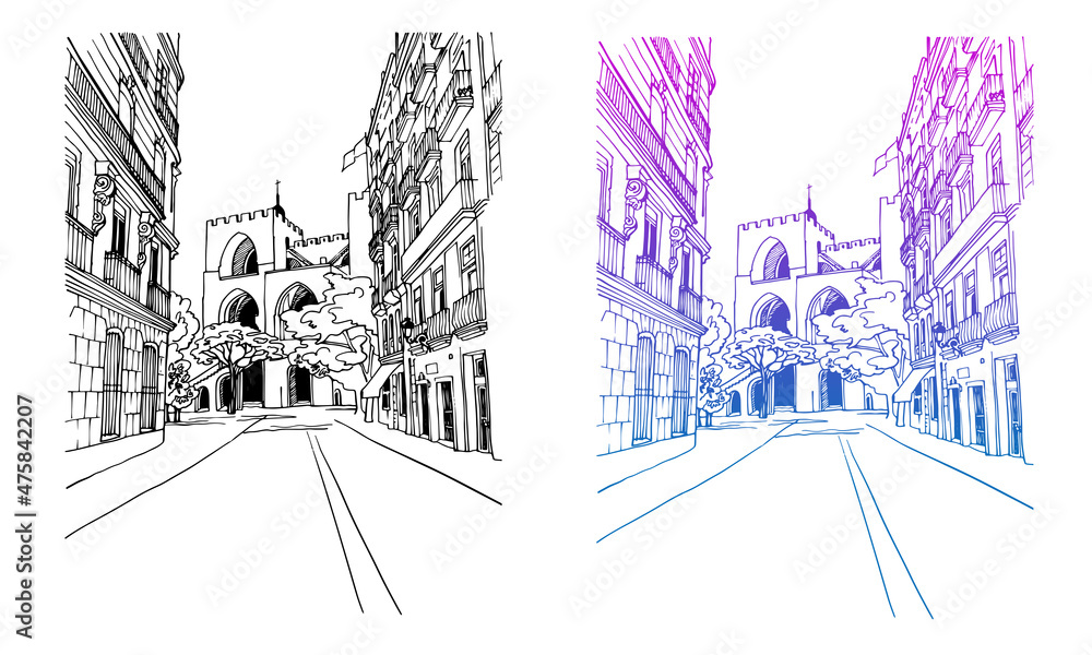 Nice view of old street. Valencia, Catalonia, Spain. Urban landscape. Urban sketch. Hand drawn ink style. Line art. Vector background on white.