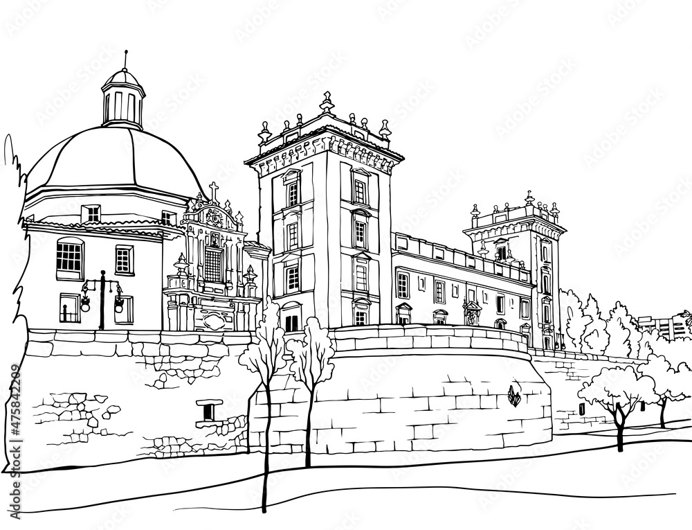 Beautiful view of old Valencia, Catalonia, Spain. Urban landscape. Urban sketch. Hand drawn ink style. Line art. Black and white and colorful Vector background on white. Beautiful view of old Valencia, Catalonia, Spain. Urban landscape. Urban sketch. Hand drawn ink style. Line art. Black and white and colorful Vector background on white.