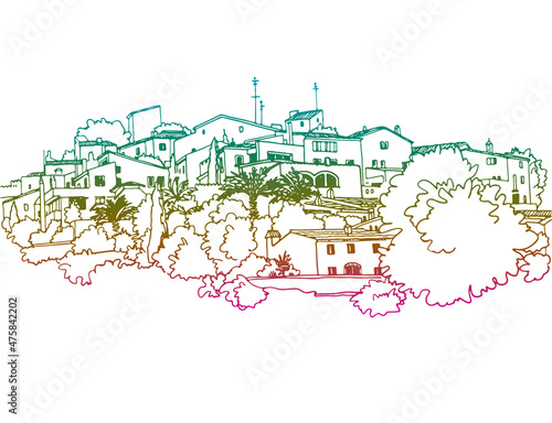 Urban sketch with landscape of the old European city. Catalonia, Spain. Nice houses in hand drawn ink style. Colourful and black and white  vector illustration on white background.